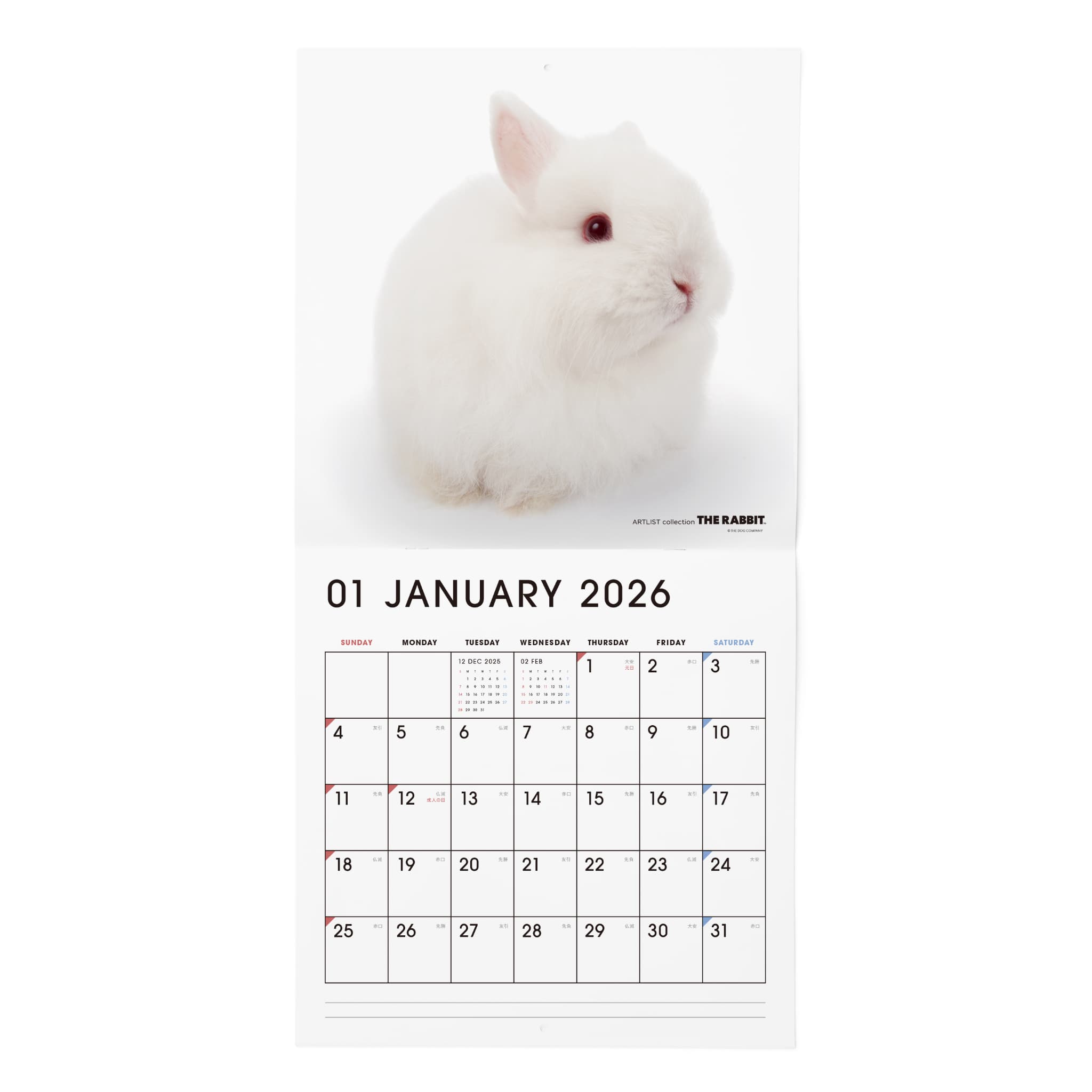 2026年（令和8年）壁掛けカレンダー（大判） うさぎ オリジナルシール